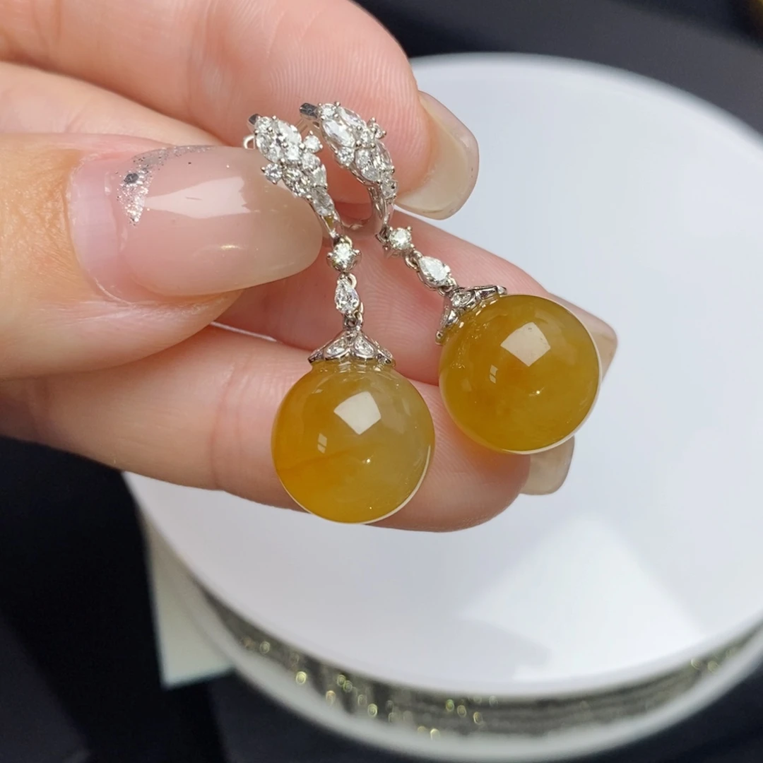 *****翡翠18K金镶嵌耳饰冰黄翡珠珠