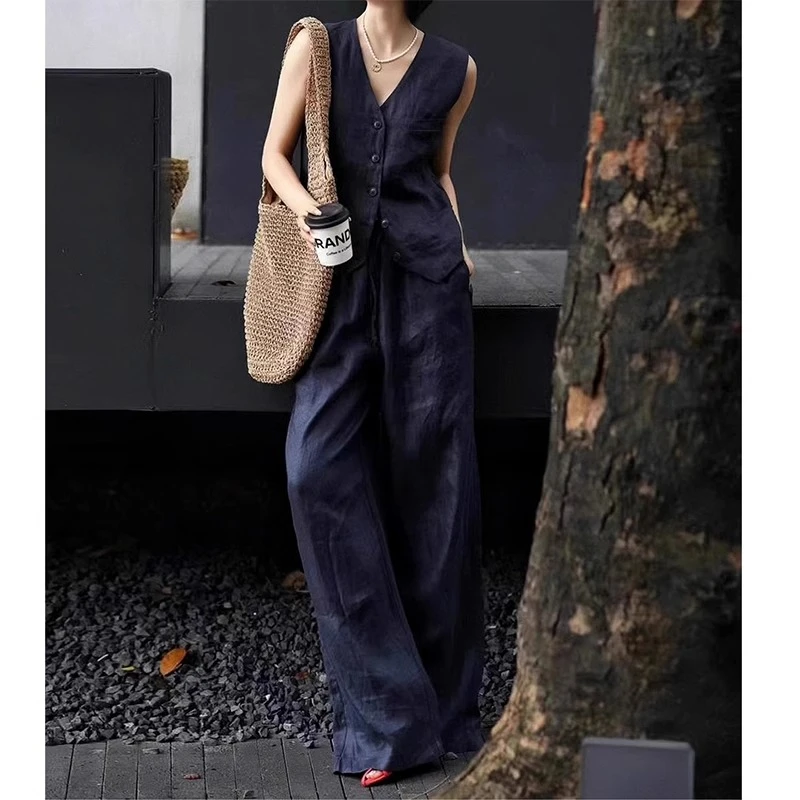 气质亚麻马甲套装女夏季新款时尚简约轻熟风无袖上衣阔腿裤两件套