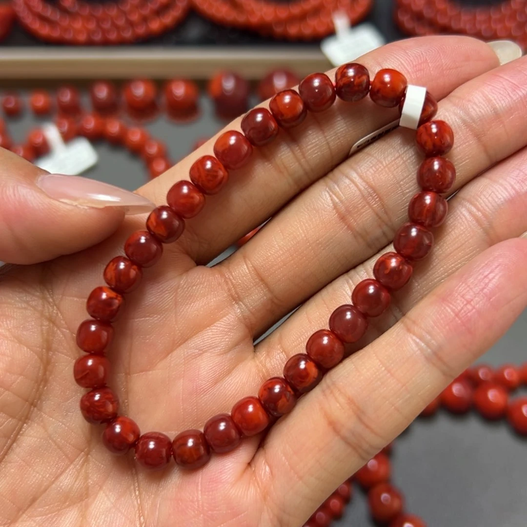 未镶嵌手串南红玛瑙 牛血红要火焰 约6.6mm 满妖