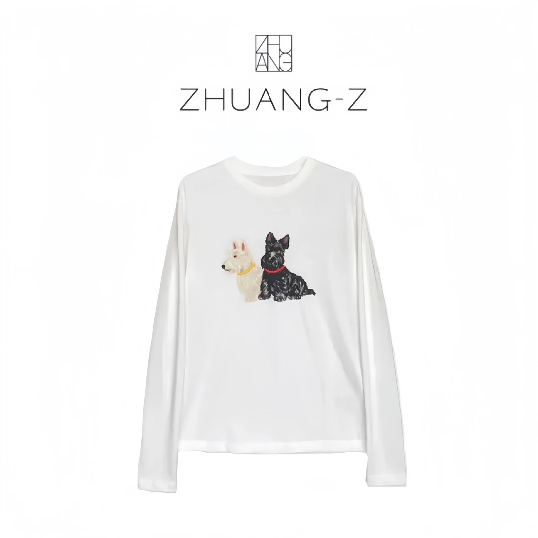 【ZHUANG -Z】（小狗）春款刺绣丝网印花卡通雪花棉百搭外穿长袖tee