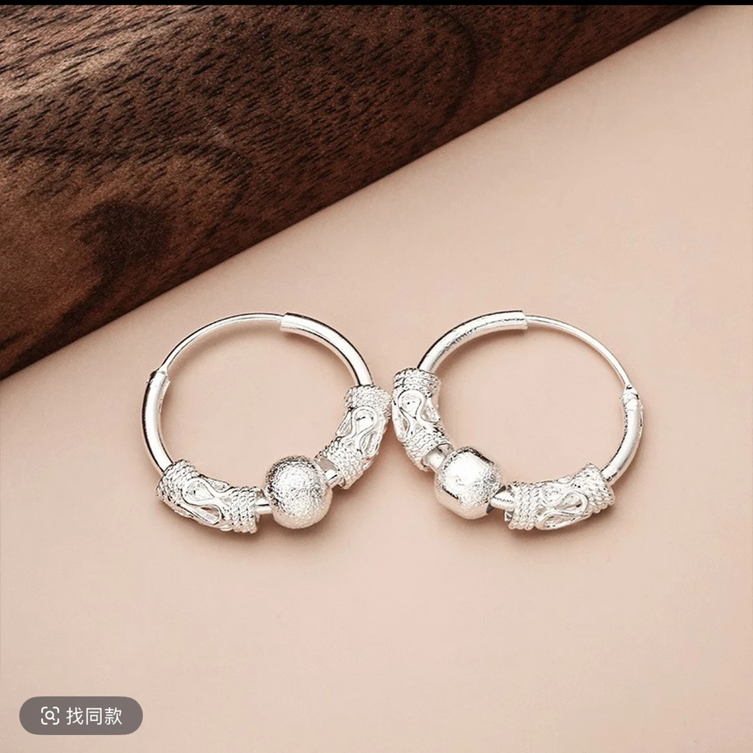 如意可转动耳圈耳环女气质小众设计高级感转运珠通体999银色