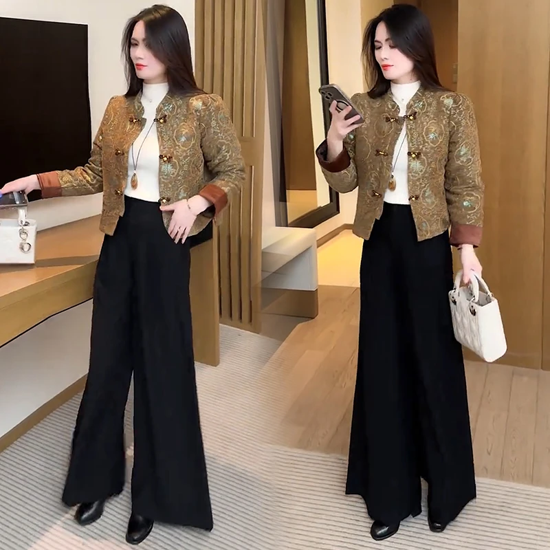 时尚套装女2025秋冬新款洋气显瘦新中式短外套阔腿裤加厚两件套潮