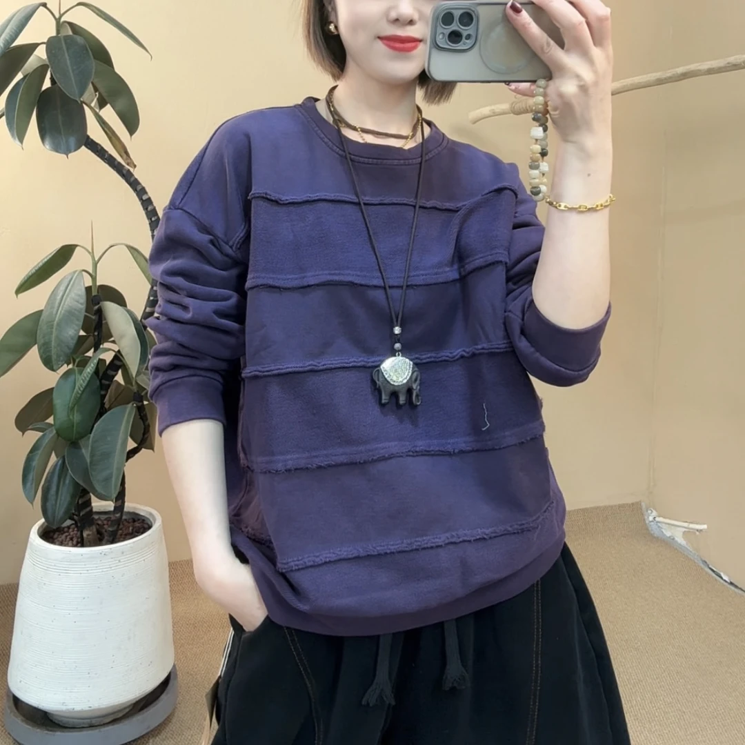 2951春季新款炒色拼接纯色圆领卫衣显瘦长袖洋气百搭宽松韩版