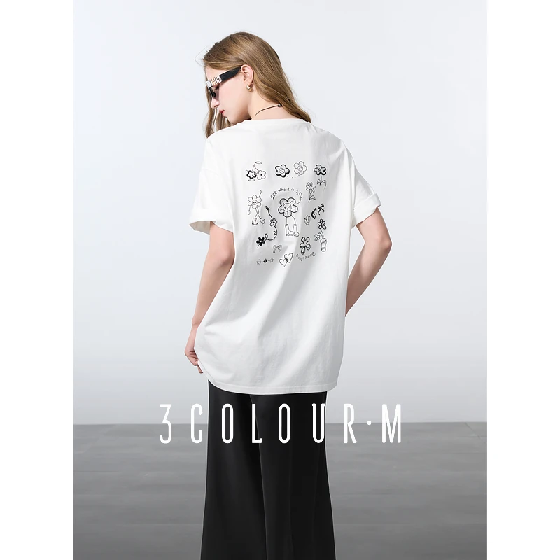 【小北专属】三彩2025春季新款笑脸花朵印花绣花T恤宽松中长显dbx