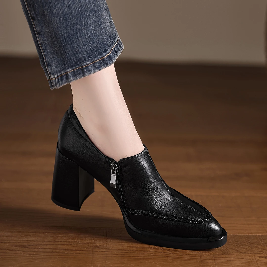 8.5cm小个子法式高跟鞋黑色小皮鞋编织尖头深口单鞋侧拉链通勤鞋