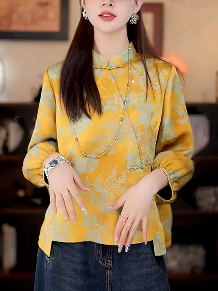 新中式国风老缎汉服国风立领长袖衬衫女士洋气秋季唐装上衣