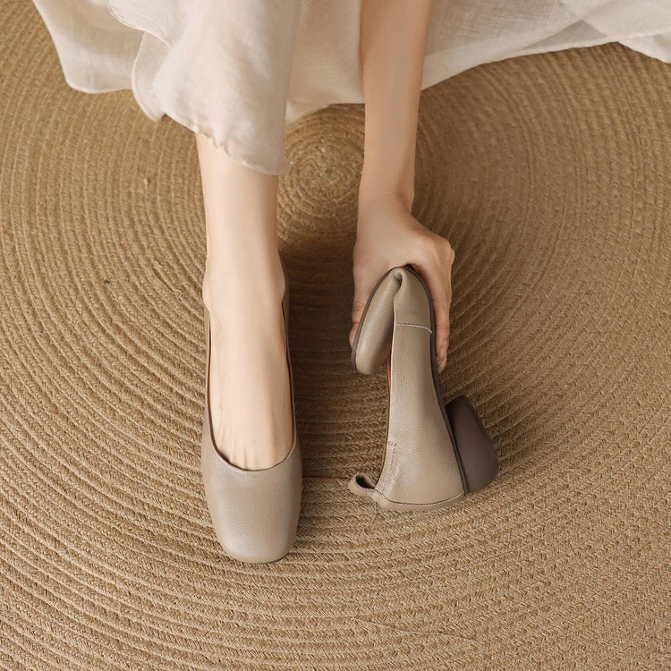 【跟高3CM】羊/猪/羊/时尚百搭方头浅口粗跟平底懒人女单鞋