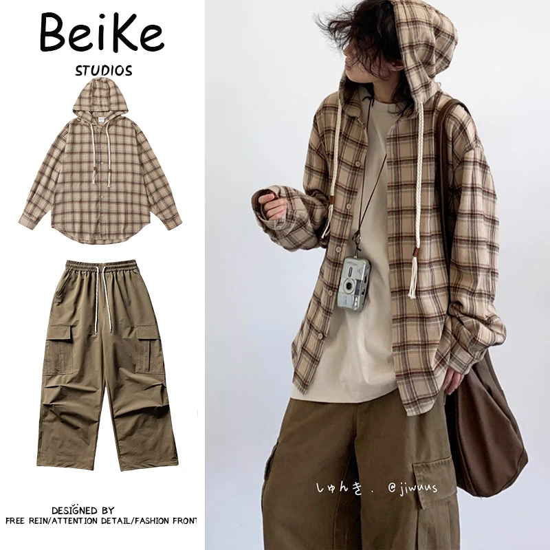 两件装/秋日系复古连帽格子衬衫男女生宽松学院风长袖衬衣外套