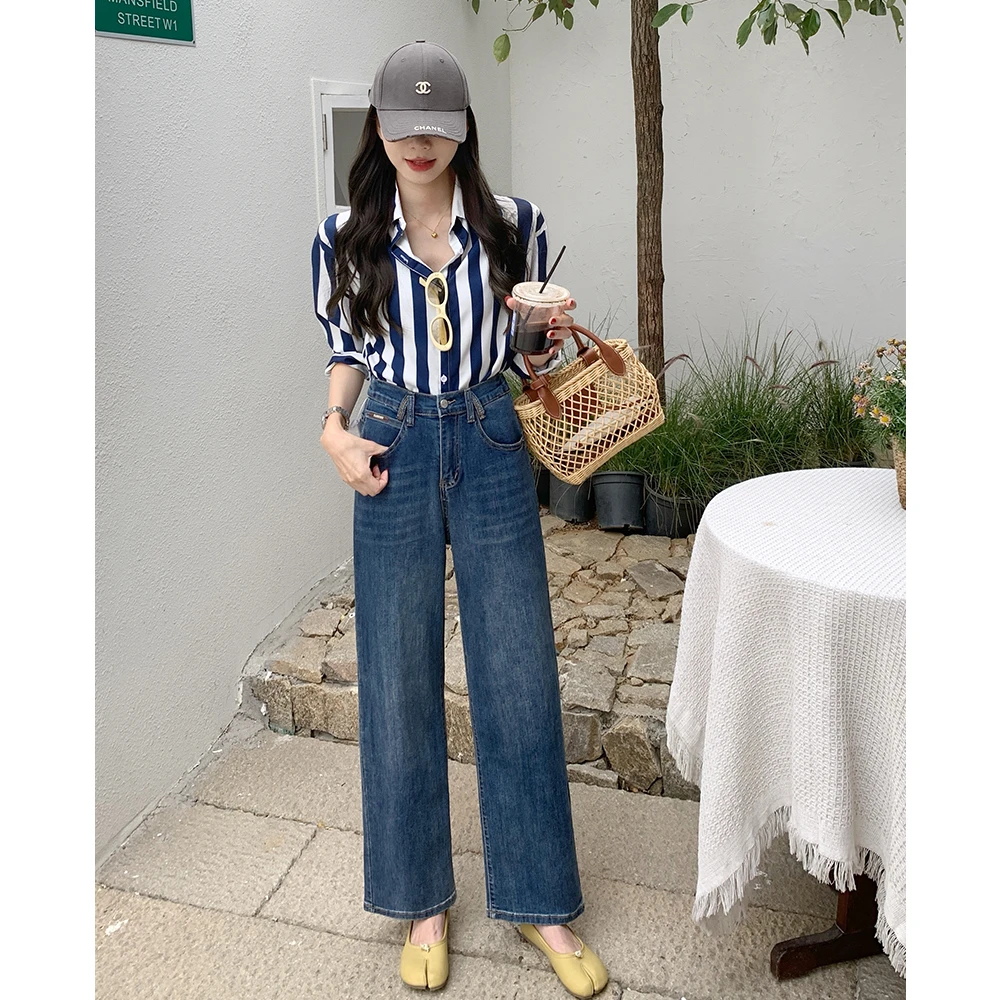 2505大码女装春季新款胖mm高腰显瘦直筒牛仔裤女宽松阔腿拖地长裤