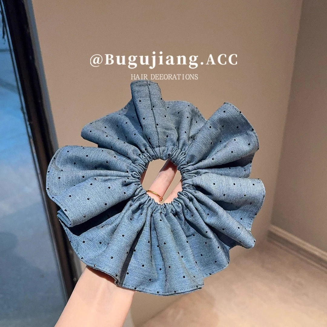 小众原创蓝色波点大肠发圈超大设计师款韩国复古马尾发绳高弹力