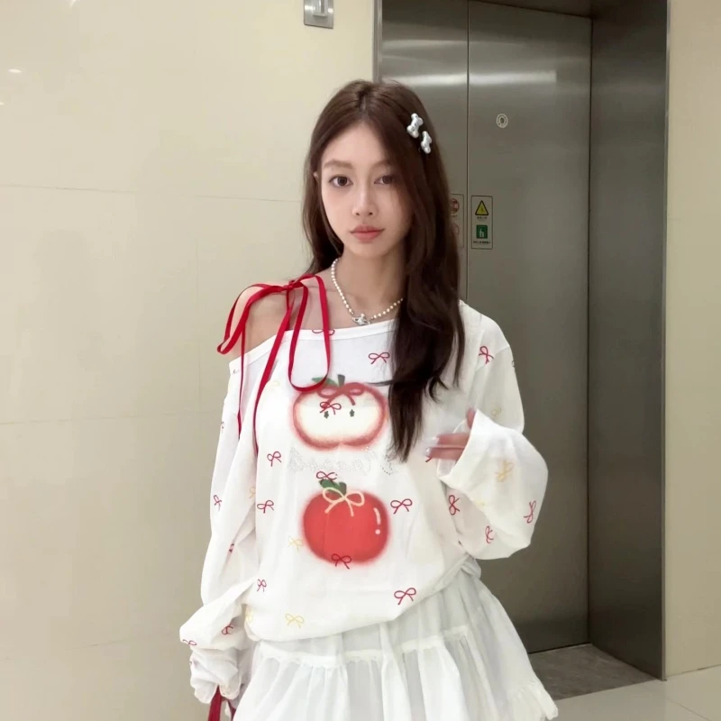 3KS斜肩绑带长袖T恤秋季百搭甜美印花休闲时尚白色宽松AT238