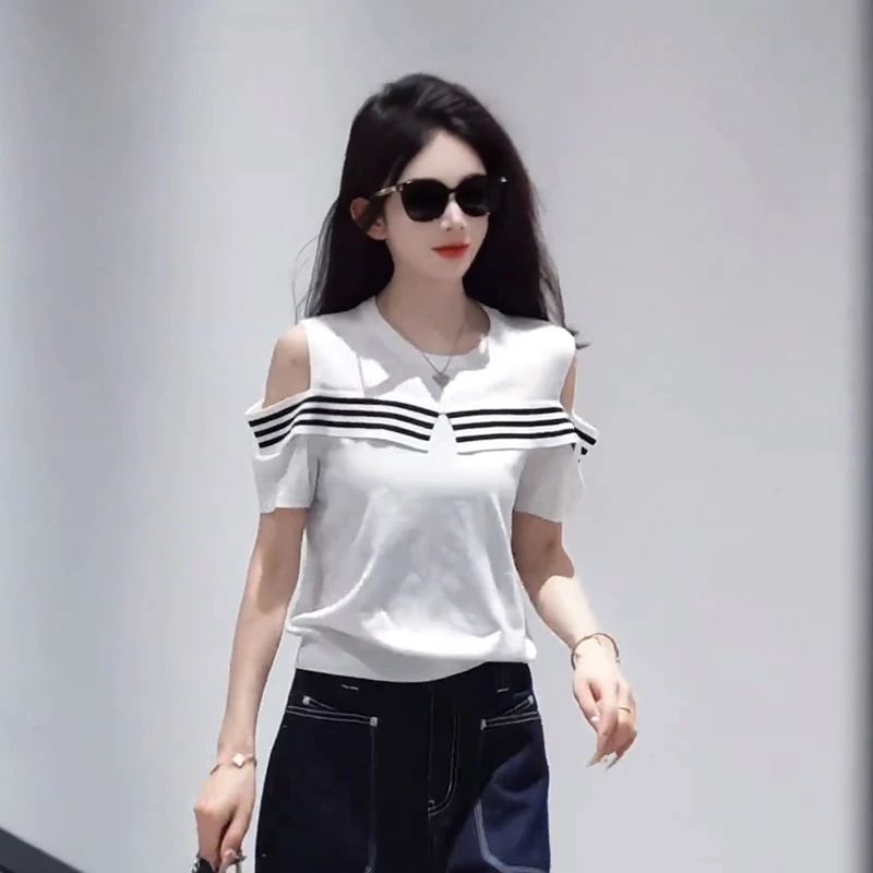 时尚圆领条纹拼接短袖T恤女2025夏季新款露肩宽松显瘦百搭上衣女