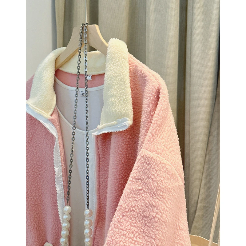 宽松型2023新款仿羊羔绒韩版大码宽松加厚加绒保暖开衫外套卫衣女