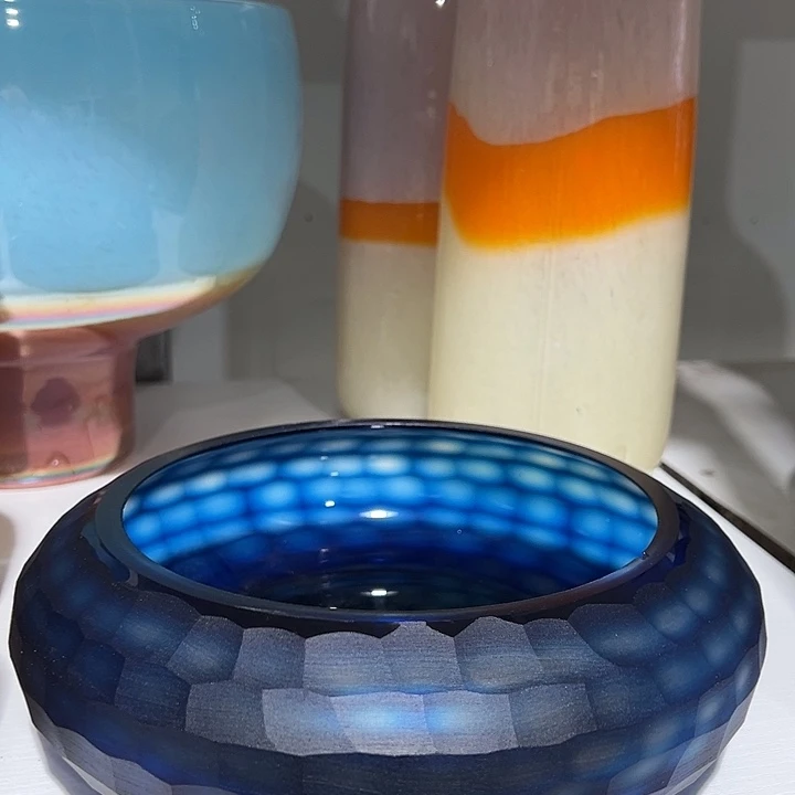 兰色磨刻花瓶花器高7口15