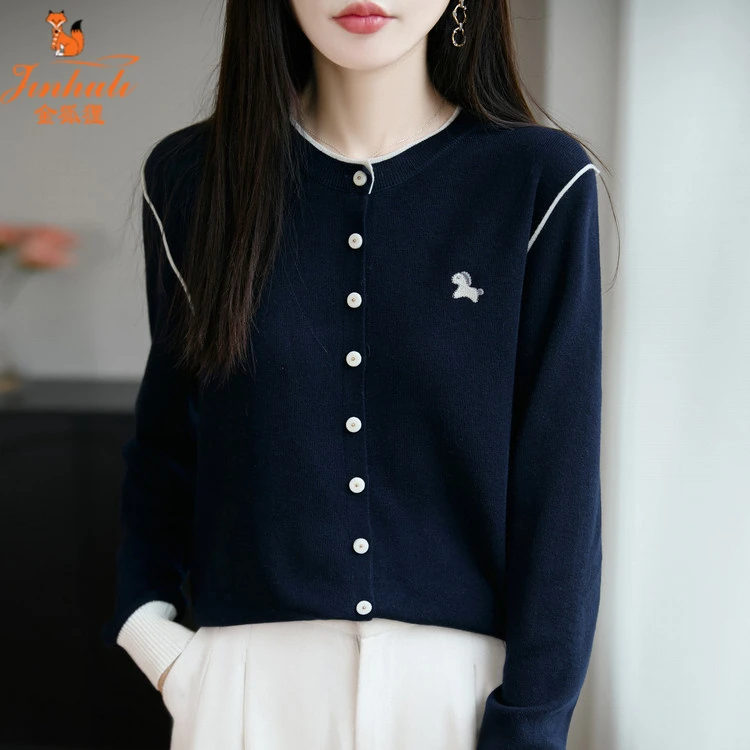 2025秋冬圆领拼色刺绣小马针织开衫女宽松长袖毛衣外套仿羊毛上衣