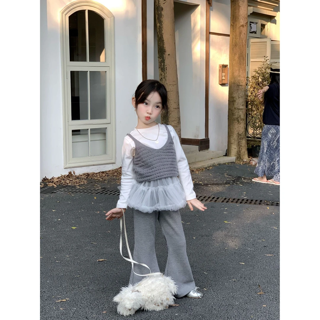 Bmy2025at 女童秋季新款针织背心儿童喇叭裤拼纱打底衫套装