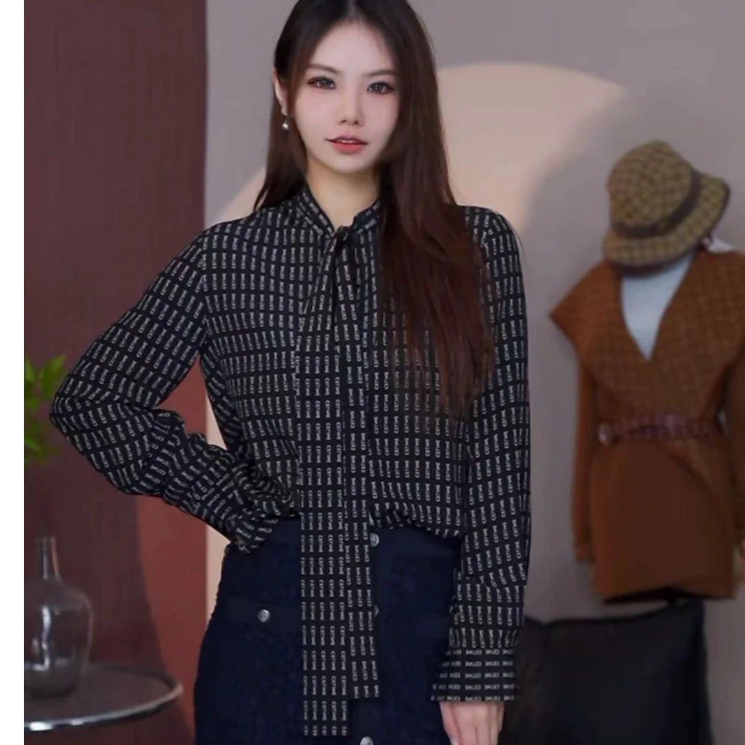 未使用 Celine/思琳 A100356/logo满印飘带丝织衬衫/34码
