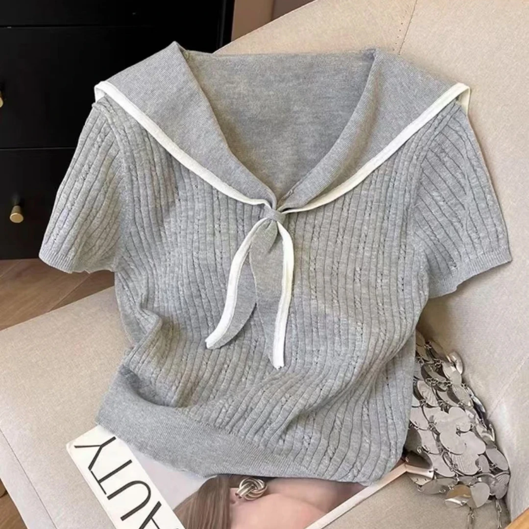 【超好看】新款学院风海军领灰色百搭针织小衫上衣修身气质短袖女