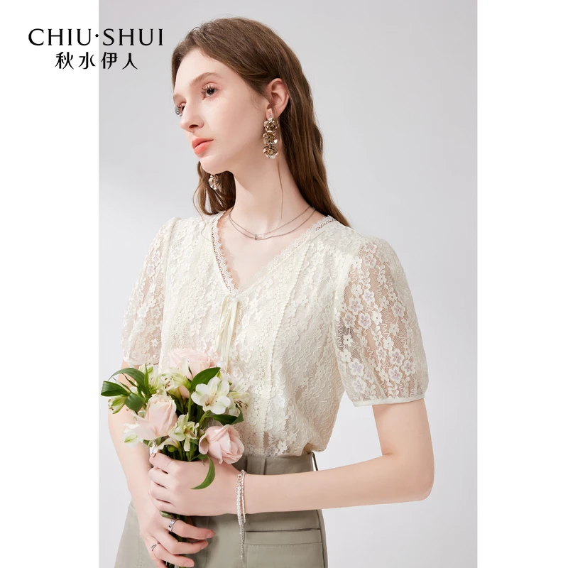 【小铃铛】秋水伊人V领蝴蝶结蕾丝衬衫女泡泡袖上衣624205B050311