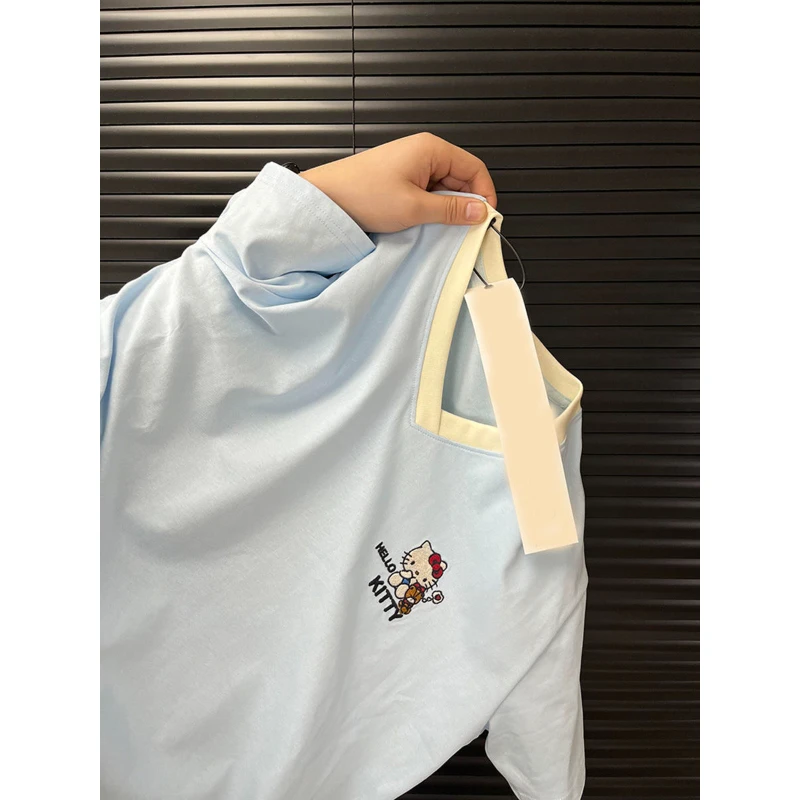 黎帮主 韩系新款v领撞色刺绣kitty猫纯棉短袖t恤女宽松慵懒风上衣