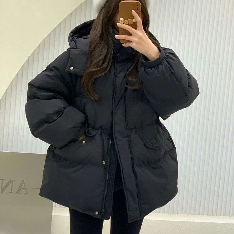 2025新款冬装韩版连帽收腰羽绒服女中长款休闲宽松加厚白鸭绒外套