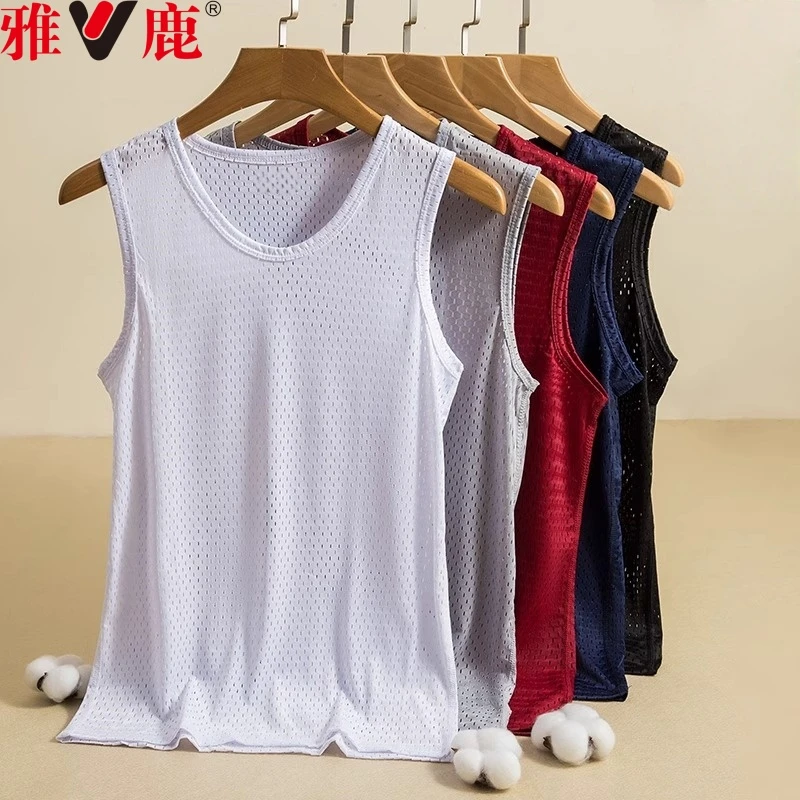 雅鹿男士网眼薄款健身凉感汗衫跑步圆领运动冰丝背心男款