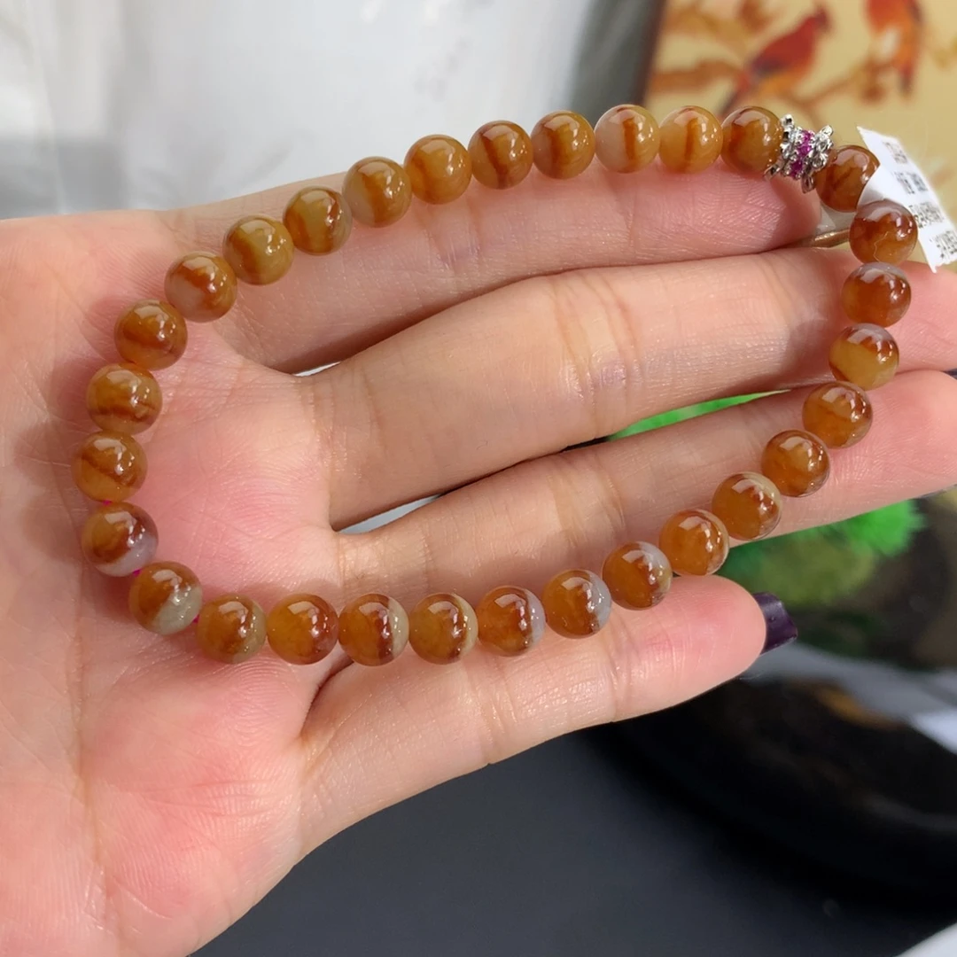 翡翠未镶嵌手串卡6胶润红翡鸳鸯手串