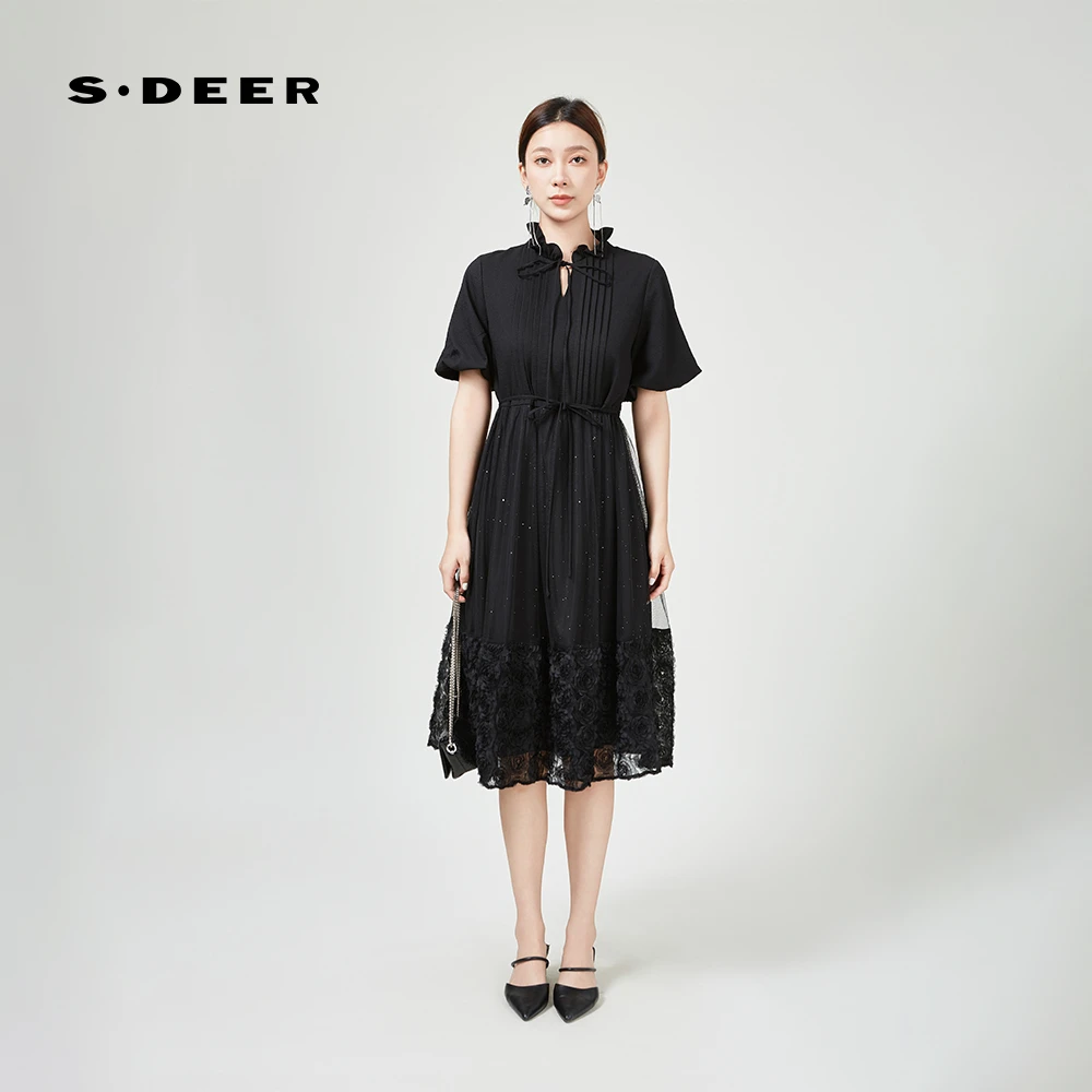 圣迪奥女装连衣裙蕾丝显瘦气质时尚夏季黑色收腰S242Z12J9