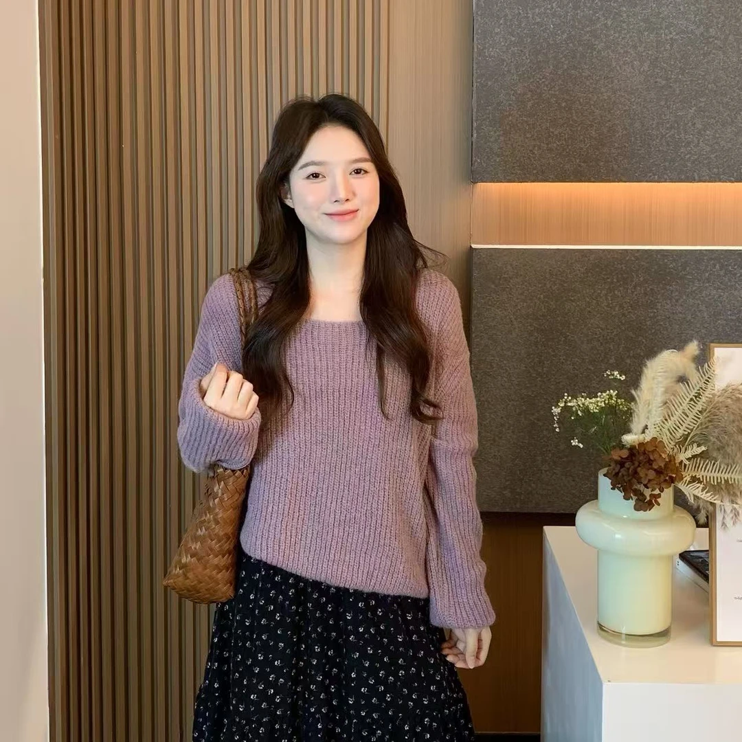 小羽酱小个子定制秋季韩系宽松慵懒高级感显白纯色小U领套头毛衣