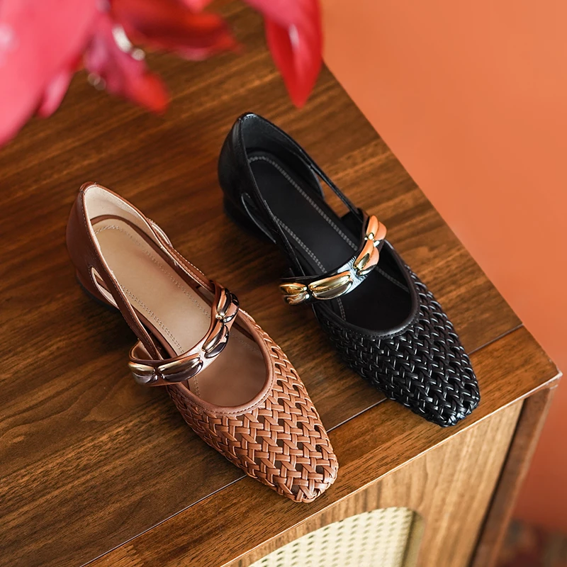 3cm/时尚粗跟镂空夏季女鞋法式优雅方头中跟一字带编织百搭鞋子女