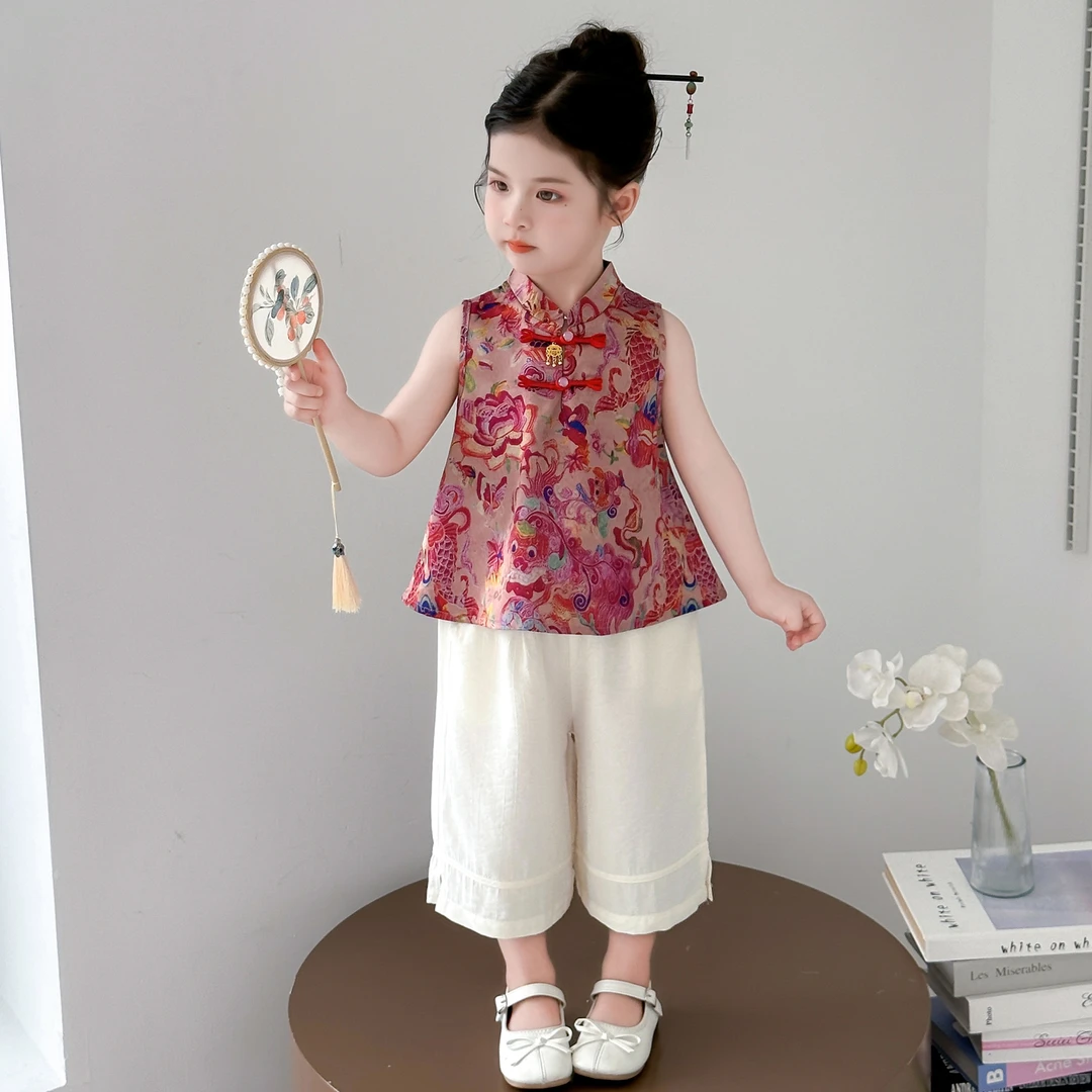 汉服女童夏季套装2025新款儿童国风唐装小女孩新中式无袖阔腿长裤