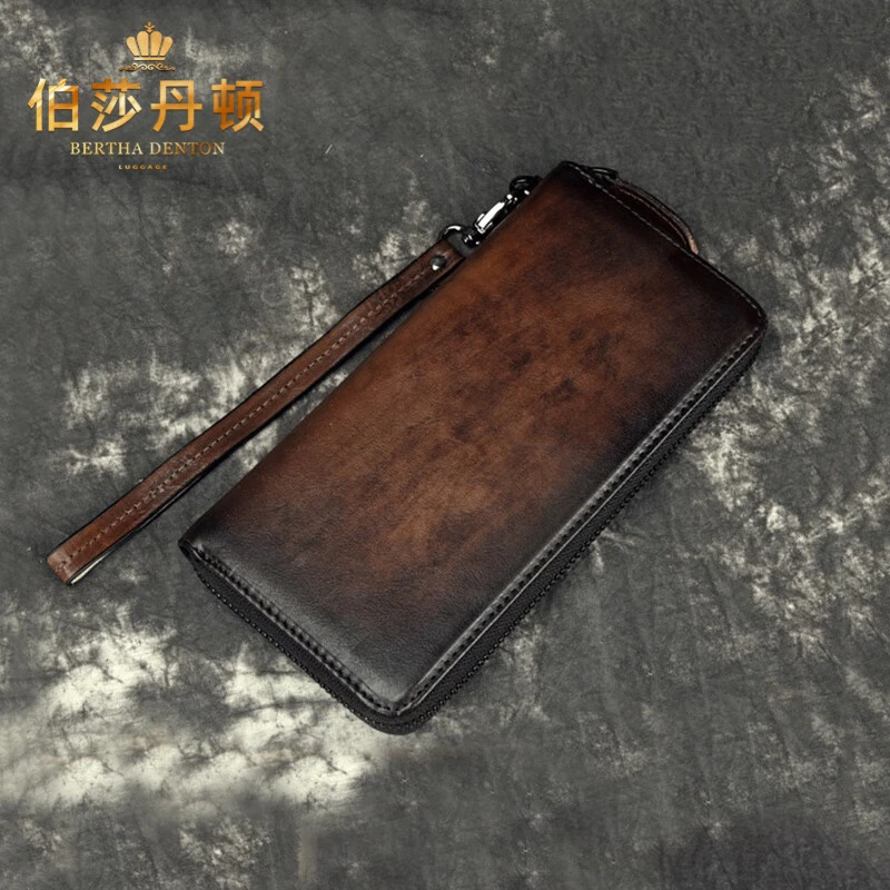 伯莎丹顿品牌男士真皮钱包商务复古手工多卡位大容量长款手拿包男