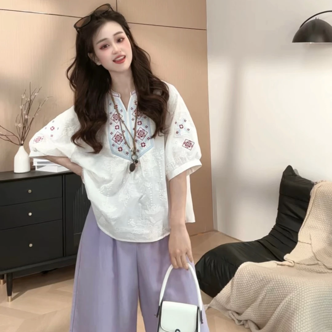 HUIERMAN/慧尔曼100棉%时尚撞色高级感立体绣花灯笼袖衬衫【15382】