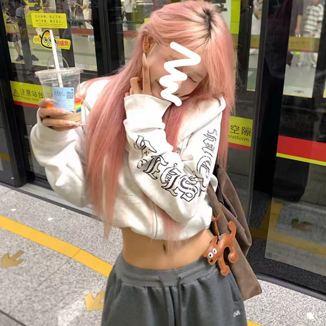 复古欧美哥特风侧边印花短款卫衣女秋季辣妹休闲连帽嘻哈上衣外套