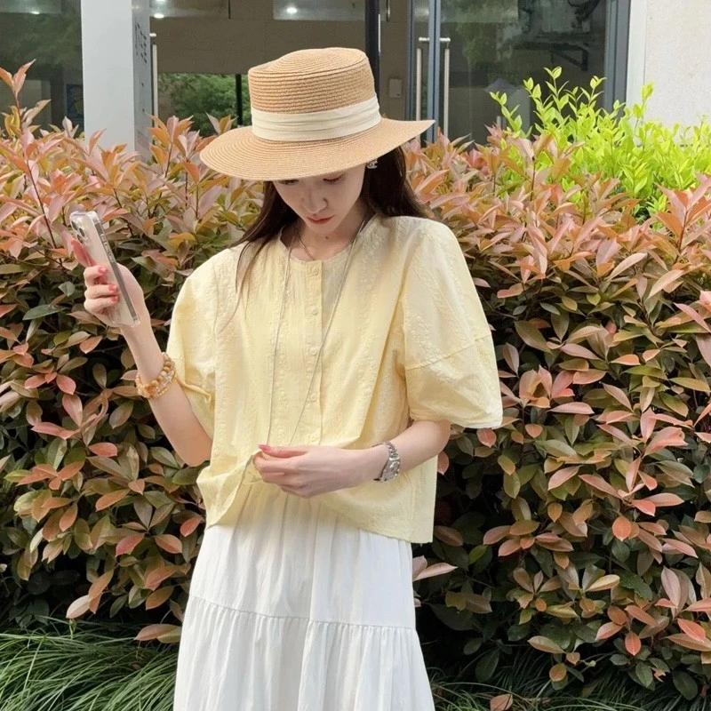 季念纯棉夏季新款宽松休闲纯色百搭衬衫独特别致设计感上衣女装