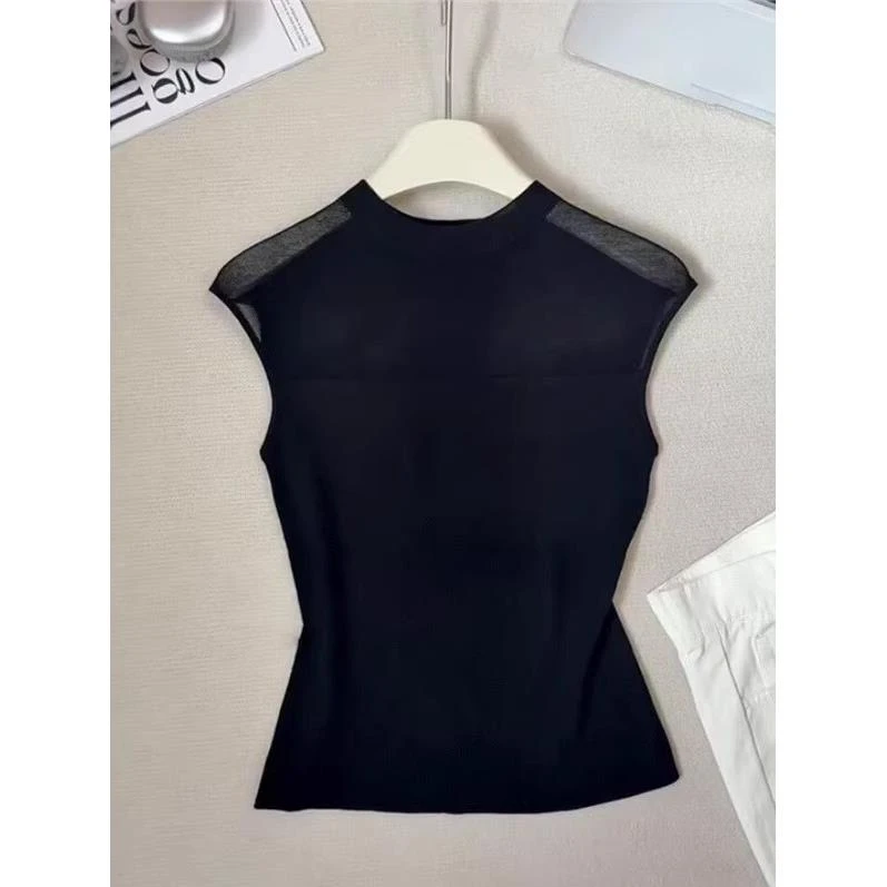 时尚品牌黑色性感薄拼接无袖针织女式夏季新高端独特别致修身上衣