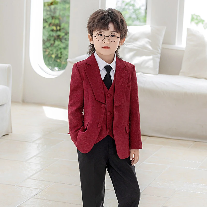 儿童西装套装男童红色提花西服新年花童周岁礼服主持钢琴演出服