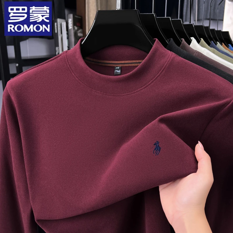 罗蒙双面德绒加厚保暖磨毛长袖t恤男秋冬季半高领刺绣打底衫卫衣