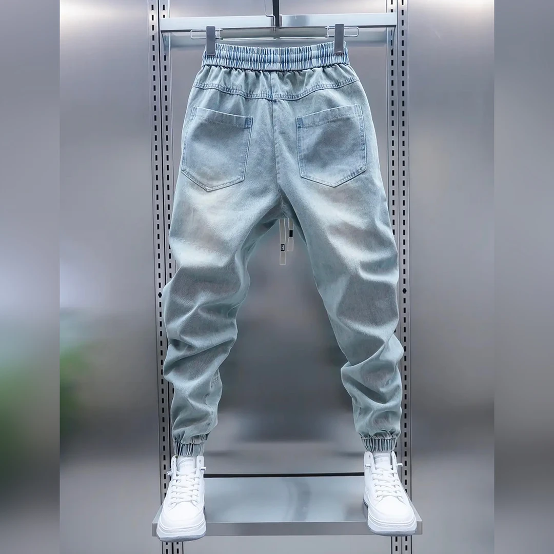 秋季百搭微弹宽松水洗牛仔大口袋束脚哈伦浅蓝色痞帅束脚休闲裤