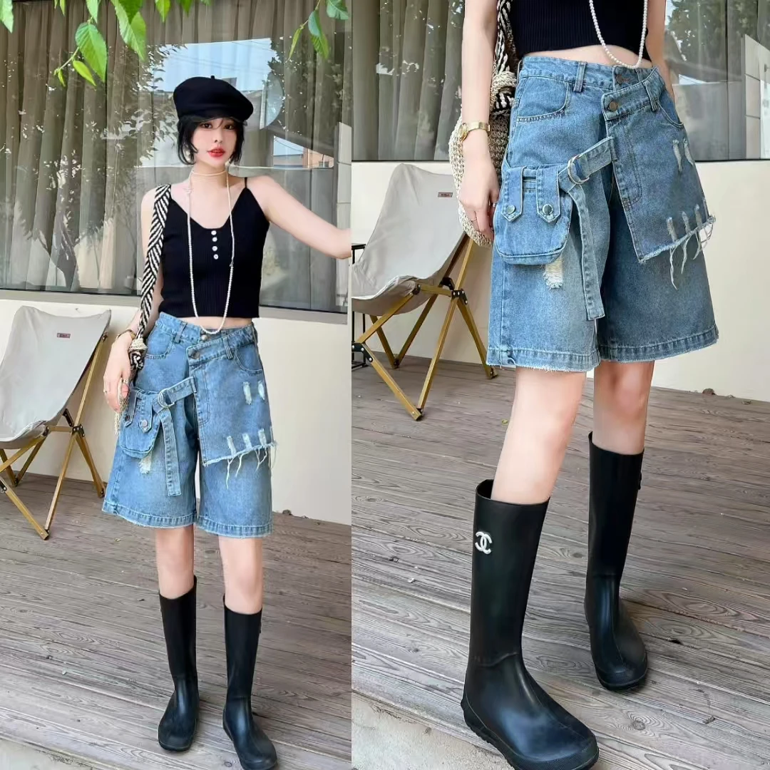 韩版设计感洋气高腰阔腿裤水洗牛仔中裤夏季新款百搭宽松破洞裤