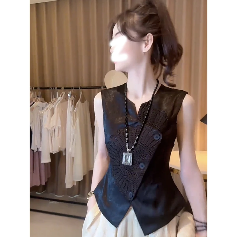 小众新中式国风刺绣短款无袖T恤女夏季2025新款超火修身显瘦上衣