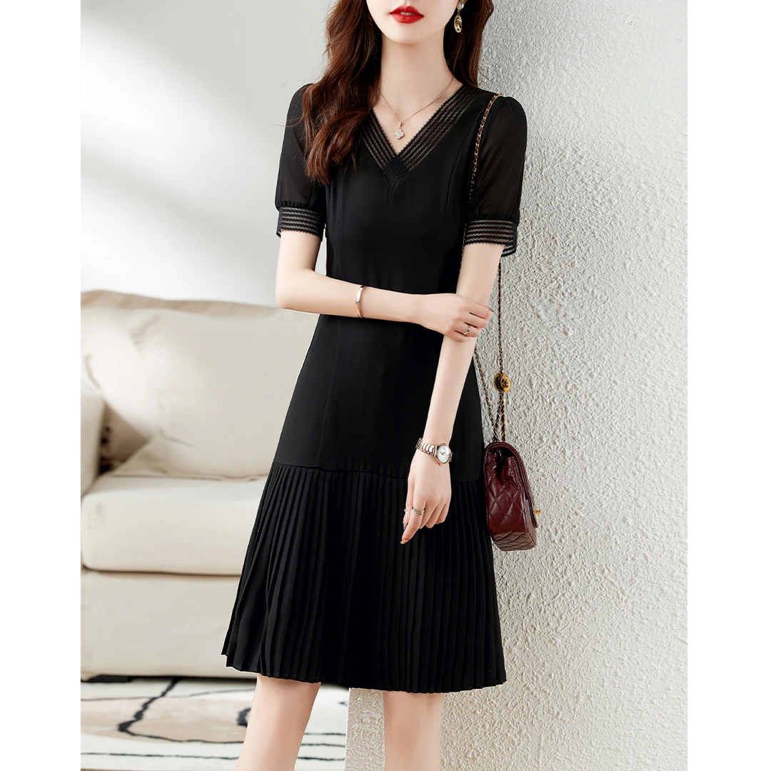 XWI/欣未【直播】2025夏时尚气质百搭显瘦轻奢雪纺拼接短款连衣裙女