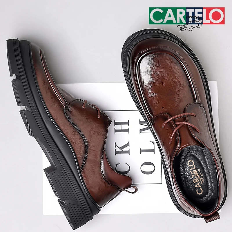 CARTELO/卡帝乐鳄鱼男鞋真皮牛皮系带方头舒适透气德比鞋休闲皮鞋