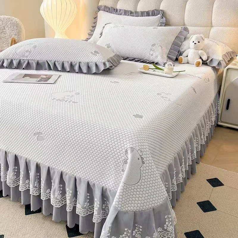 2025新款A类冰豆豆凉感丝提花软凉席床盖蕾丝床裙款-F