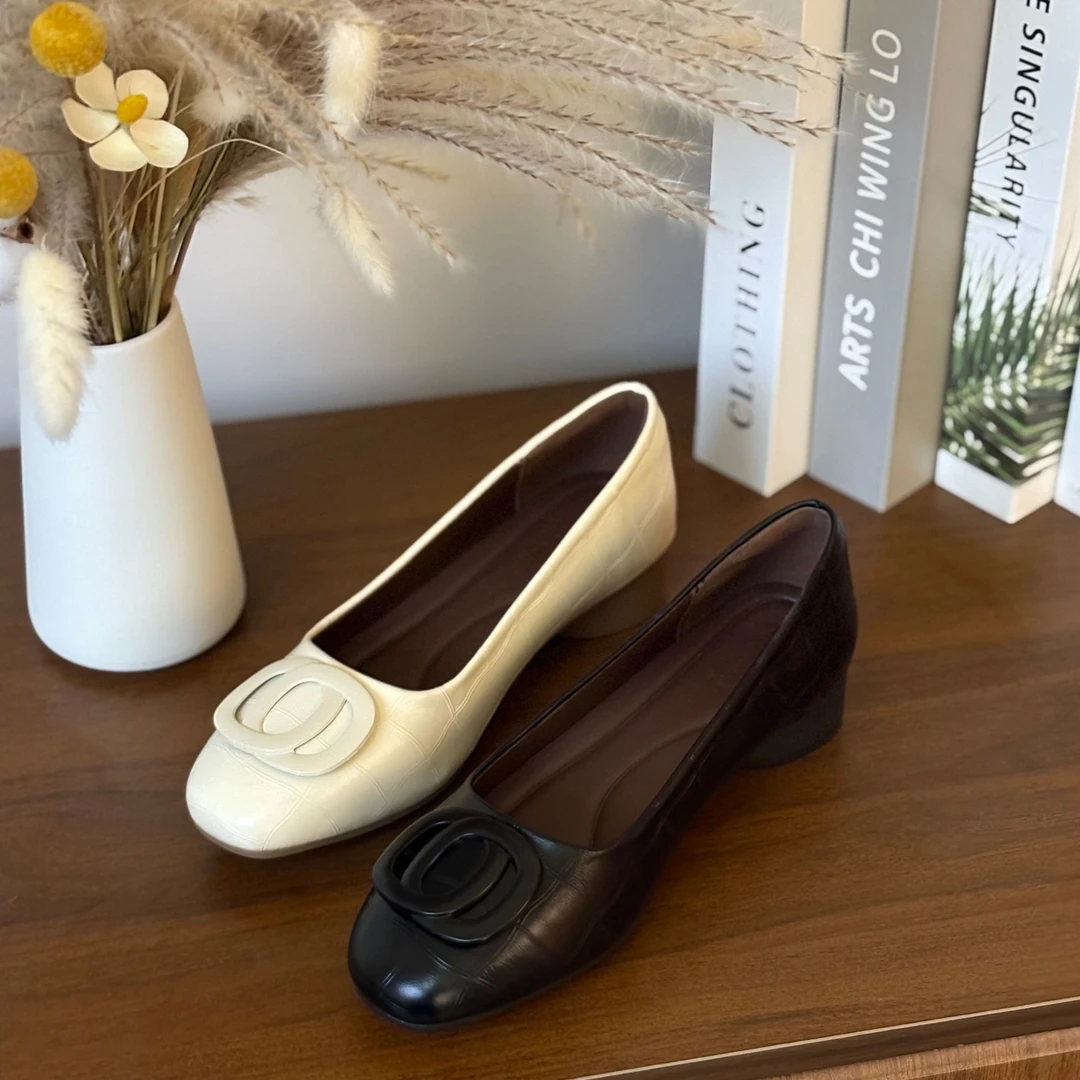 3cm/牛皮/法式真皮女鞋新款百搭脚蹬粗跟低跟浅口单鞋1501