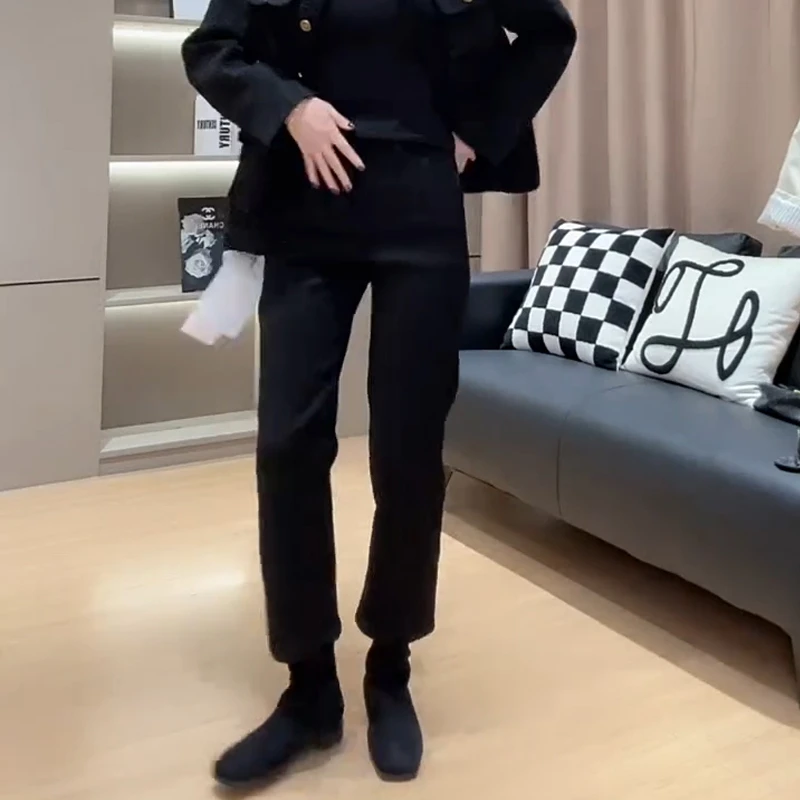 黑色九分烟管法棍裤女秋冬季加绒加厚高腰弹力宽松显瘦直筒牛仔裤
