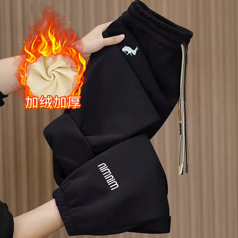 冬季2024新款加绒加厚宽松显瘦哈伦裤女休闲洋气刺绣保暖束脚卫裤