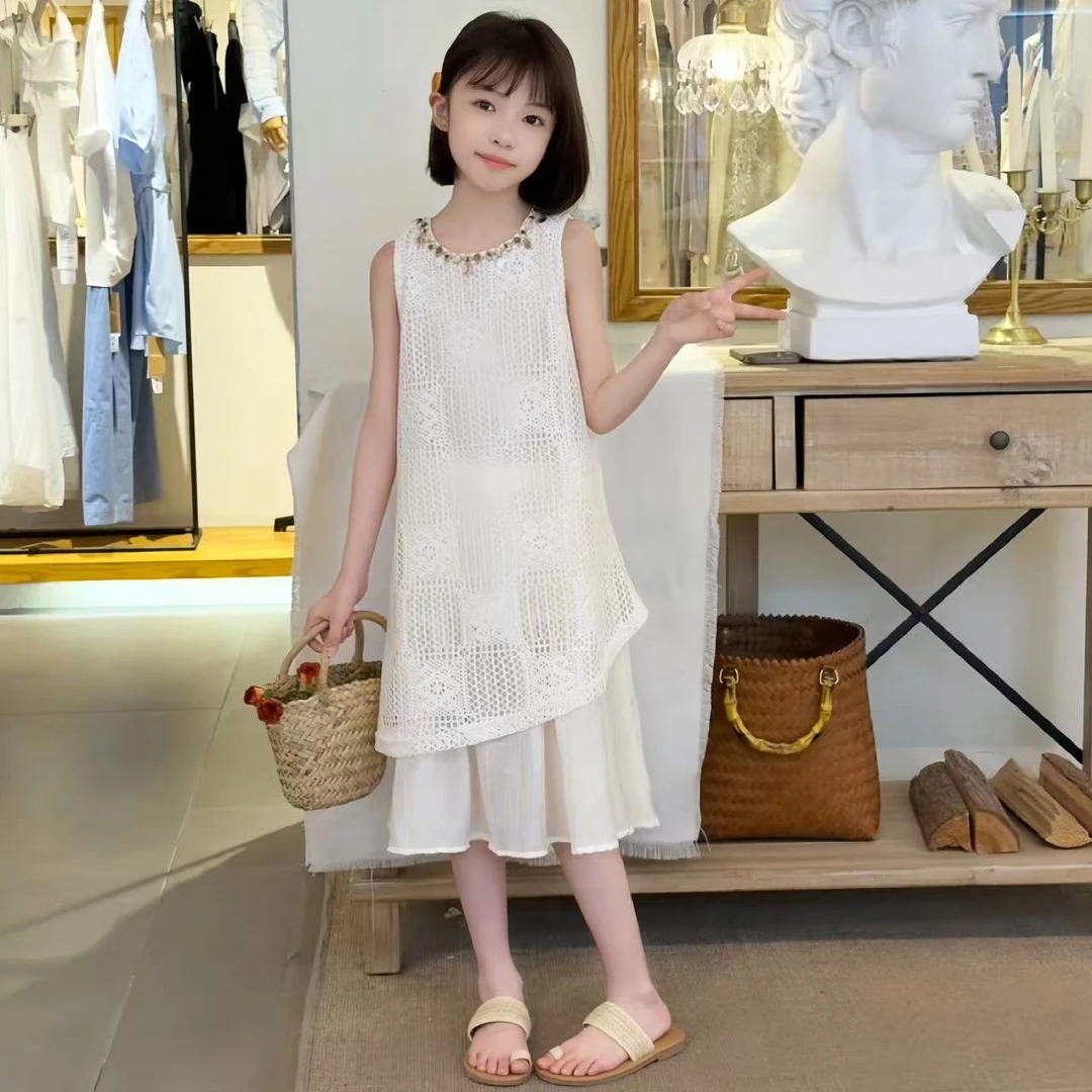 女童无袖连衣裙夏季2025新款儿童波西米亚镂空背心裙女孩长裙子