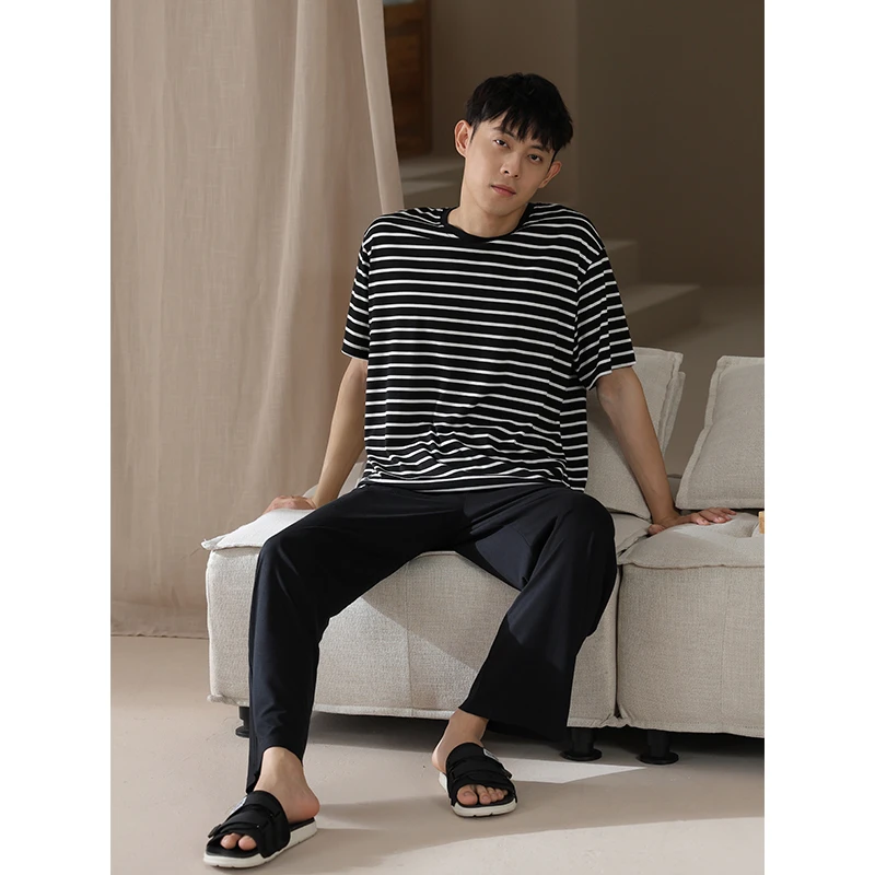 莫代尔男士睡衣夏季2025新款简约宽松短袖长裤家居服套装