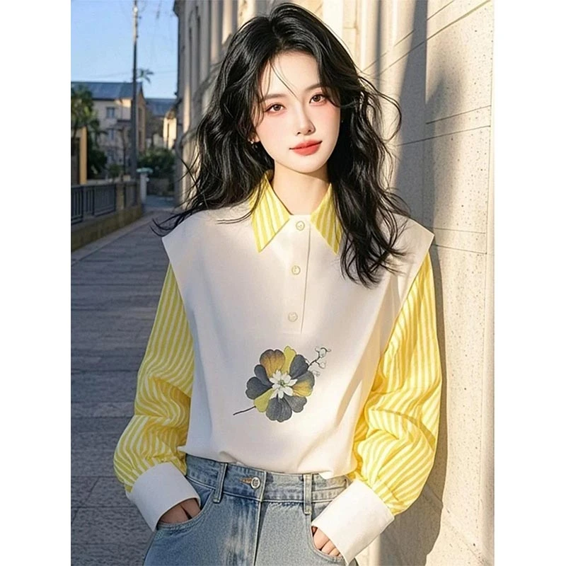 时尚条纹拼接印花衬衫上衣女2025年春秋季新款设计感气质翻领衬衣